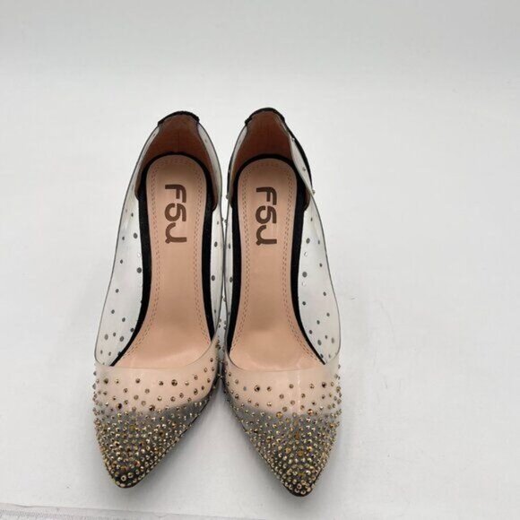 FSJ Black Studded Pointed Toe Transparent Pumps High Heels Shoes - Picture 3 of 8